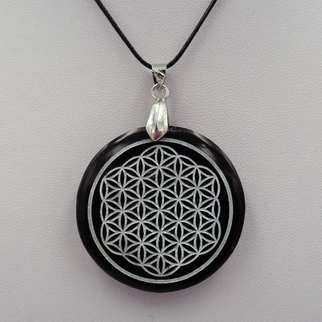 Pendentif Obsdienne gravée Fleur de Vie petit + plaque de Shungite