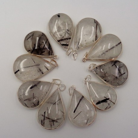 Pendentif goutte Cristal de roche à inclusion de tourmaline et argent