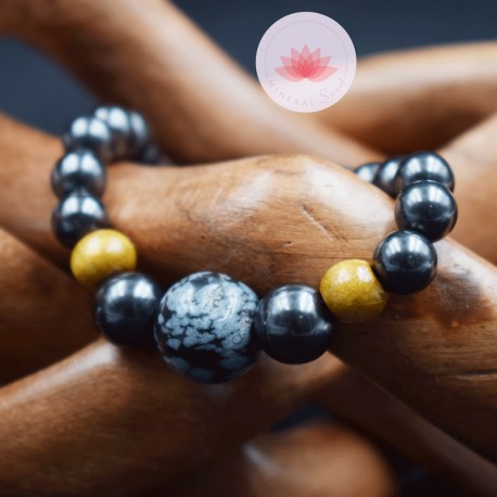 Bracelet Homme Shungite, Obsidienne flocon de neige et Bois