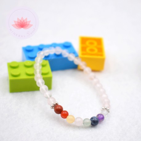 Pulsera niña en Cuarzo rosa y perlas 7 chakras